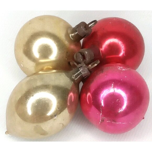 MCM Christmas Ornament Set Of 4 Feather Tree Gold & Pink Glass Shiny Brite 1950s - Picture 1 of 9